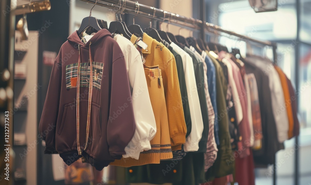 Row of different female clothes hanging on rack in hipster fashion show room in shopping mall. Trendy women wear Row of different female clothes hanging on rack in hipster fashion show room in shopping mall. Trendy women wear