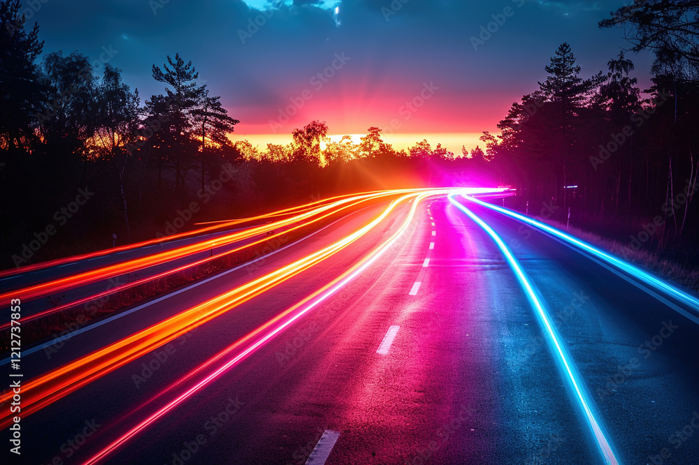 Abstract light trails from moving vehicles at night creating dynamic, colorful streaks Abstract light trails from moving vehicles at night creating dynamic, colorful streaks