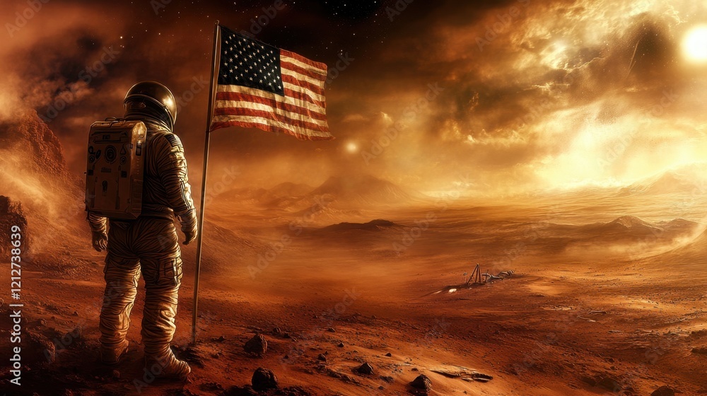 The American flag planted on Mars as an astronaut stands proudly beside it, overlooking the barren landscape. The American flag planted on Mars as an astronaut stands proudly beside it, overlooking the barren landscape.