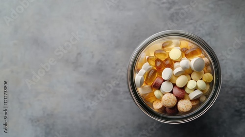 Detoxification Pills and Vitamins in Glass Jar on Grey Background Emphasizing Healthy Lifestyle and Organic Supplement Choices photo