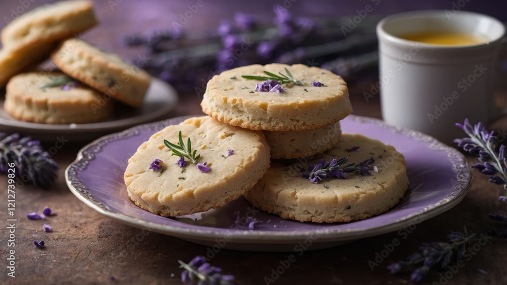 A plate of lavender cookies garnished with flowers, accompanied by a cup of tea. A plate of lavender cookies garnished with flowers, accompanied by a cup of tea.