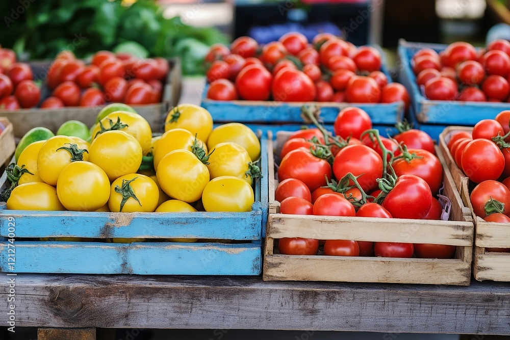 A picturesque market display showcasing an array of tomatoes and lemons in rustic wooden crates. A picturesque market display showcasing an array of tomatoes and lemons in rustic wooden crates.