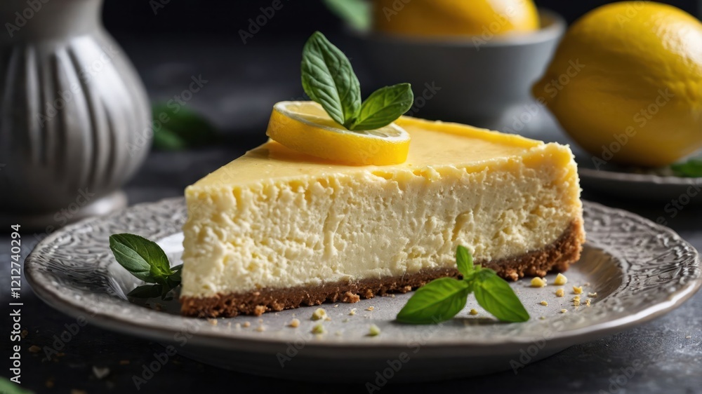 A slice of lemon cheesecake garnished with mint and lemon on a decorative plate. A slice of lemon cheesecake garnished with mint and lemon on a decorative plate.