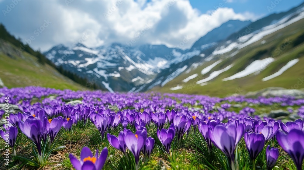 Vibrant Crocus Flowers Blooming in Majestic Mountain Landscape with Snow-Capped Peaks and Scenic Blue Skies Vibrant Crocus Flowers Blooming in Majestic Mountain Landscape with Snow-Capped Peaks and Scenic Blue Skies