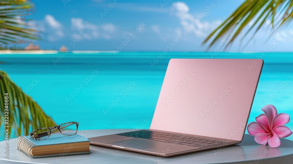A serene workspace by the beach features a laptop, glasses, and a book, surrounded by palm trees and a stunning ocean view. A serene workspace by the beach features a laptop, glasses, and a book, surrounded by palm trees and a stunning ocean view.