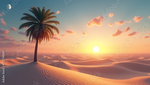 Lone palm tree  vast desert sand dunes  crescent moon  pastel sunset sky  soft pink clouds  tranquil oasis  golden hour lighting  serene landscape  minimalist composition  dreamy atmosphere