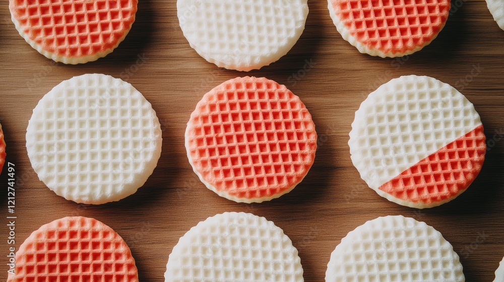 Colorful Japanese Flag Waffle Circles on Wooden Surface Decorative National Dessert Mockup Colorful Japanese Flag Waffle Circles on Wooden Surface Decorative National Dessert Mockup