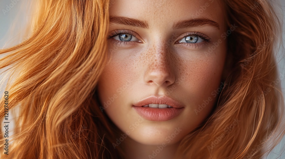 Portrait of attractive redhead model with freckles showing her beauty Portrait of attractive redhead model with freckles showing her beauty