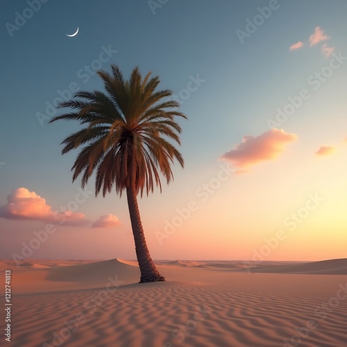 Lone palm tree, vast desert sand dunes, crescent moon, pastel sunset sky, soft pink clouds, tranquil oasis, golden hour lighting, serene landscape, minimalist composition, dreamy atmosphere