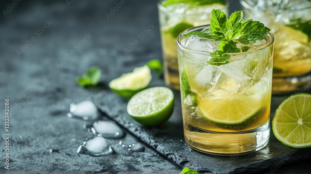 Refreshing vodka cocktail with ginger beer lime ice mint served in a glass on a dark slate background garnished with lime wedges Refreshing vodka cocktail with ginger beer lime ice mint served in a glass on a dark slate background garnished with lime wedges