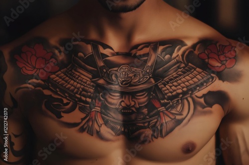 Close up of a detailed tattoo of a Japanese samurai warrior on a man's chest, showcasing traditional Japanese art style photo