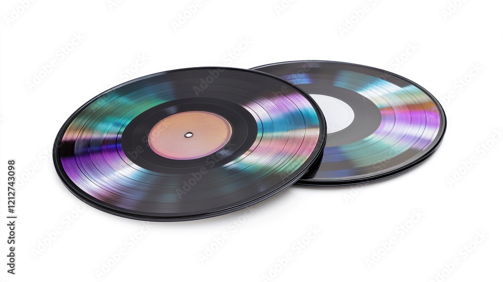 Vinyl records and CDs on a white background showcasing retro vintage design and colorful reflections in a nostalgic music theme. Vinyl records and CDs on a white background showcasing retro vintage design and colorful reflections in a nostalgic music theme.