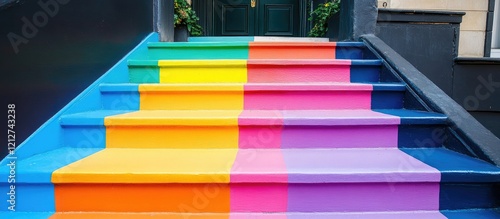 Colorful rainbow staircase steps leading to a welcoming entrance ideal for artistic environments and creative home interiors