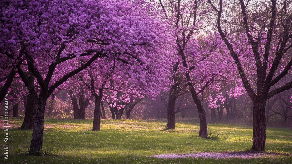 Naklejka premium Vibrant blooming trees in spring showcasing stunning violet blossoms in a serene natural landscape