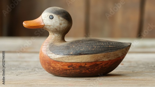 Classic handcrafted wooden duck decoy with natural finish displayed on rustic wooden surface. Perfect for home decor or vintage collections.