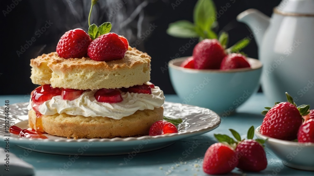 A delicious dessert featuring a layered cake topped with strawberries and whipped cream. A delicious dessert featuring a layered cake topped with strawberries and whipped cream.