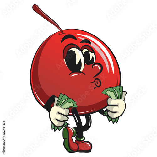 Cute red cherry fruit vektor illustration mascot character carrying money while whistling, work of hand drawn