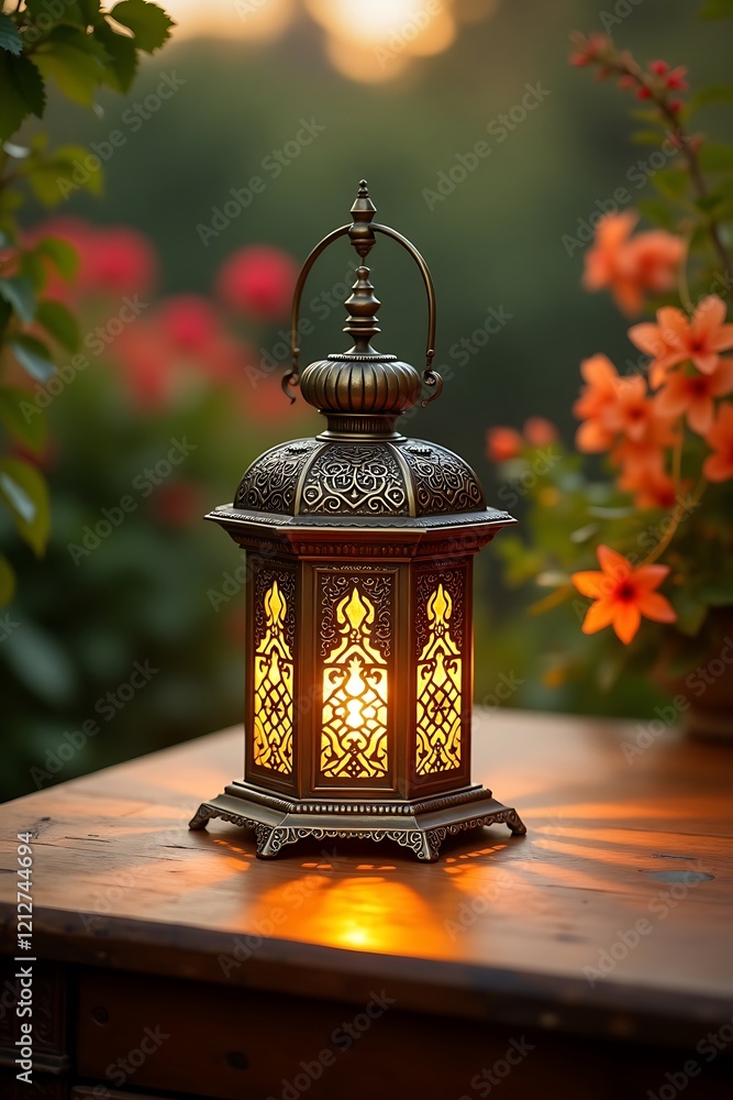Ornate metal lantern, warm glowing light, wooden deck, sunset background, soft focus flowers, garden ambiance, romantic evening atmosphere, golden hour lighting, intricate lantern design Ornate metal lantern, warm glowing light, wooden deck, sunset background, soft focus flowers, garden ambiance, romantic evening atmosphere, golden hour lighting, intricate lantern design