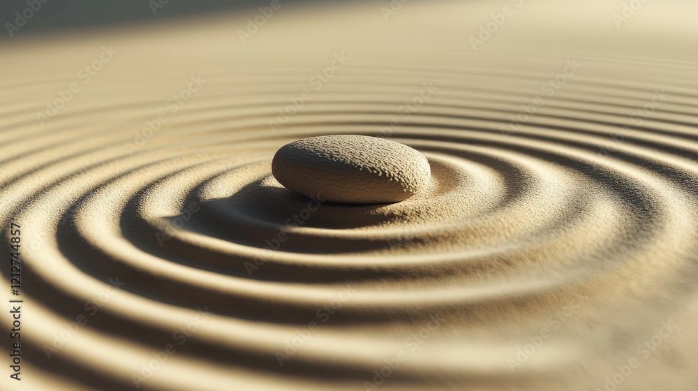 Calm Stone Surrounded By Gentle Ripples In Soft Sand Calm Stone Surrounded By Gentle Ripples In Soft Sand