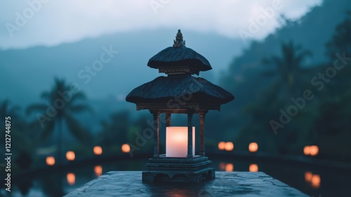 A serene lantern illuminates a tranquil landscape, surrounded by palm trees and soft evening light, evoking a peaceful ambiance.
