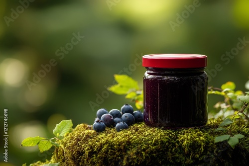 A jar of blueberry jam sits on a mossy surface next to fresh blueberries, with a blurred green background photo