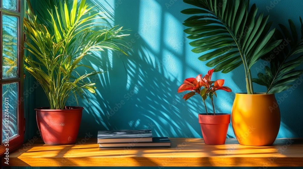 Obraz premium Vibrant tropical decor with sunlight and greenery