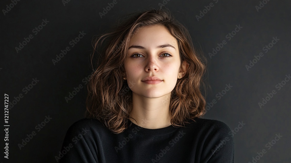 Portrait of young woman with brown hair posing on black background Portrait of young woman with brown hair posing on black background