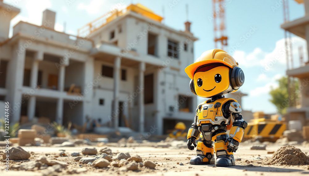 Happy Robot Construction Worker at Building Site Happy Robot Construction Worker at Building Site