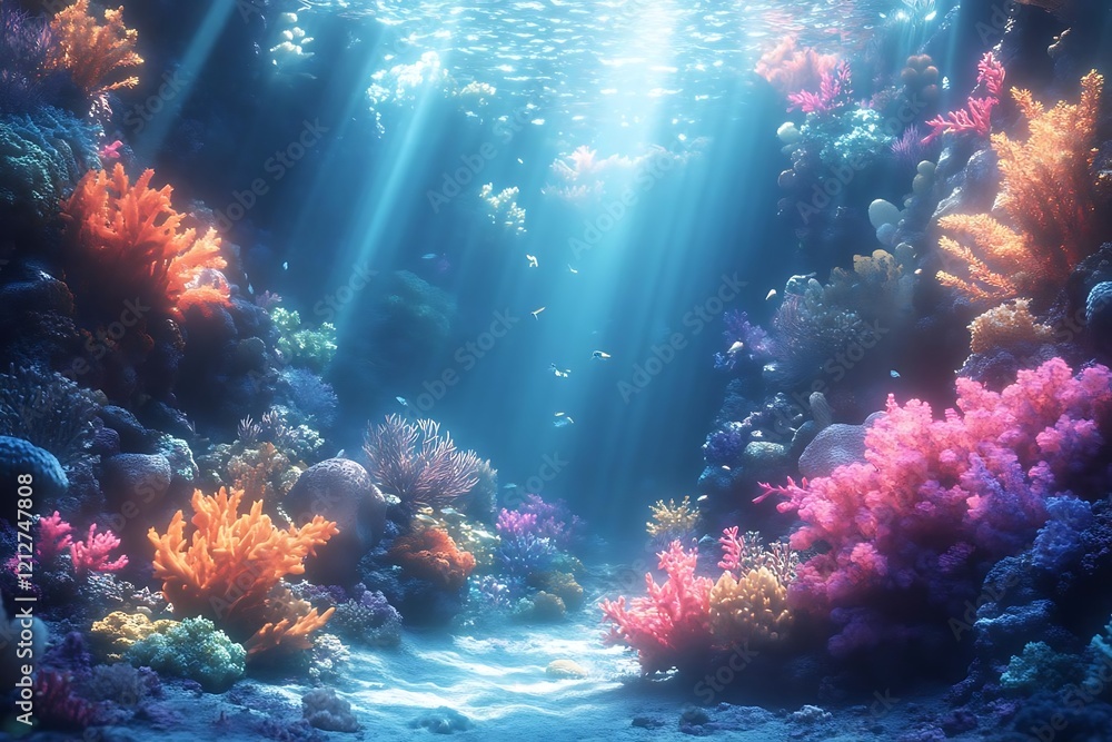 Fototapeta premium Vibrant underwater scene with colorful coral reef and sunlight beams.