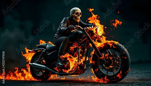 Skeletal figure with a skull head riding a flaming motorcycle, wearing a black leather jacket