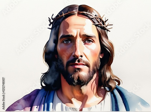 Realistic depiction of a man with long hair and a crown of thorns, representing a historical figure with deep expression photo