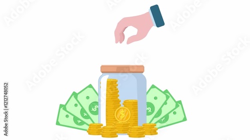 Saving money into glass jar. Hand throw gold coins in moneybox. Saving concept. concept. Cash falling in bottle. alpha channel animation finance concept