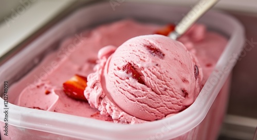 Delicious strawberry ice cream served in a container with a scoop photo