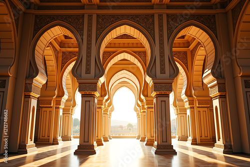 Traditional Islamic architecture with ornate arches and intricate mosaics under golden lighting
