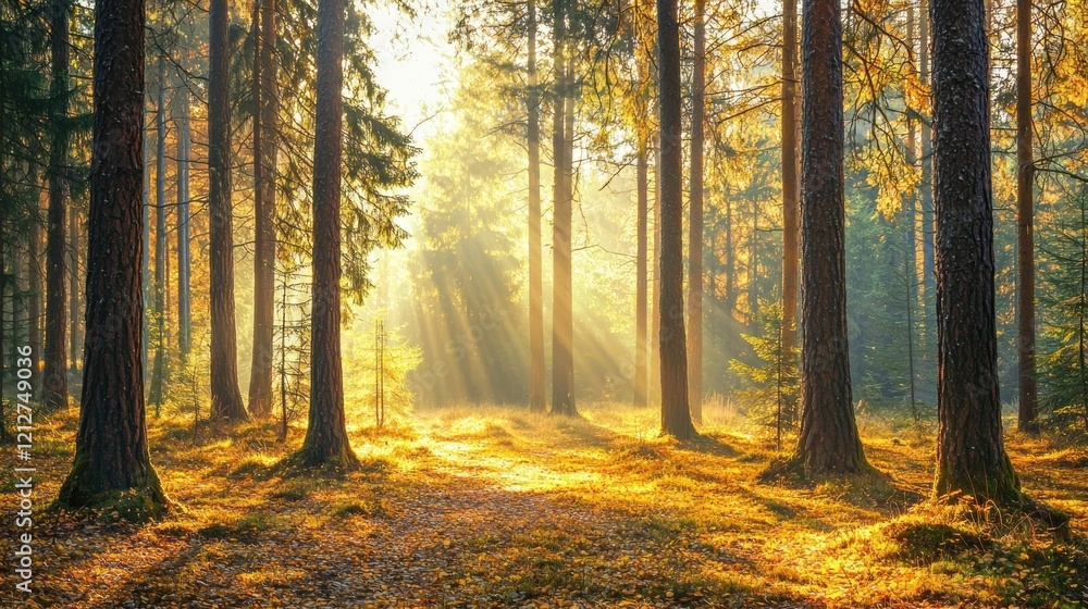 Fototapeta premium Sunlight Breaking Through Tall Trees in Serene Forest Landscape