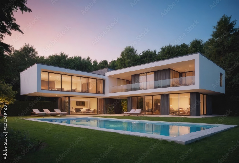 Fototapeta premium A spacious large house featuring a big swimming pool right in front of it