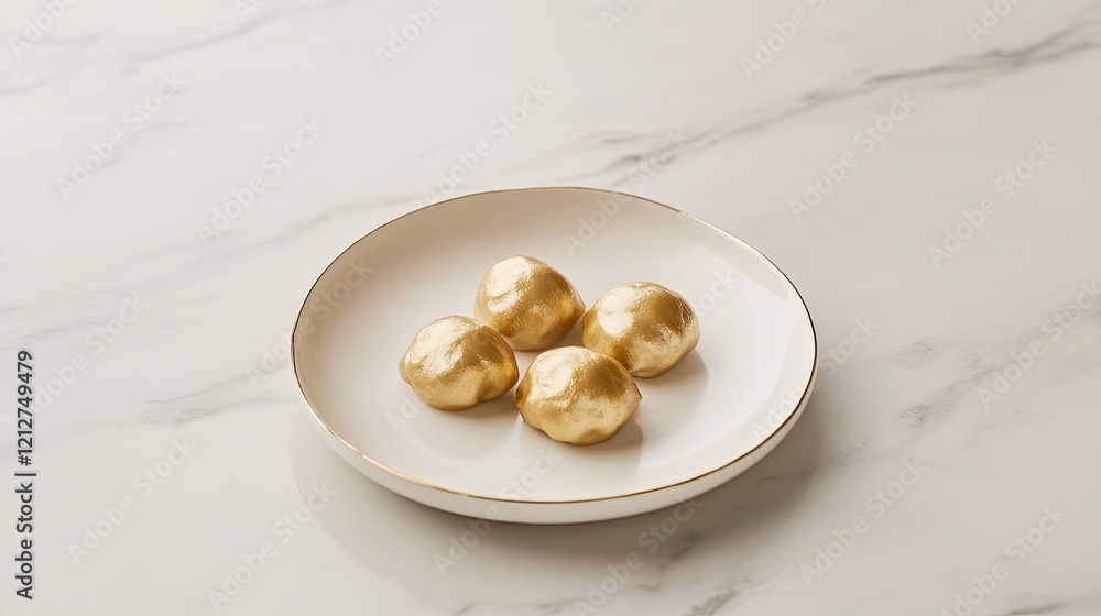 A minimalist plate of golden dumplings styled on a smooth marble table for Chinese New Year. picture A minimalist plate of golden dumplings styled on a smooth marble table for Chinese New Year. picture