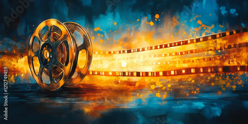 Cinema, movie and photography film strip template. Watercolor hand drawn illustration.	
