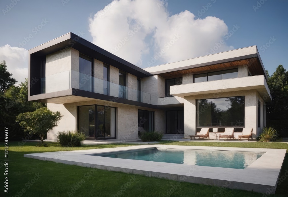 A spacious large house featuring a big swimming pool right in front of it A spacious large house featuring a big swimming pool right in front of it