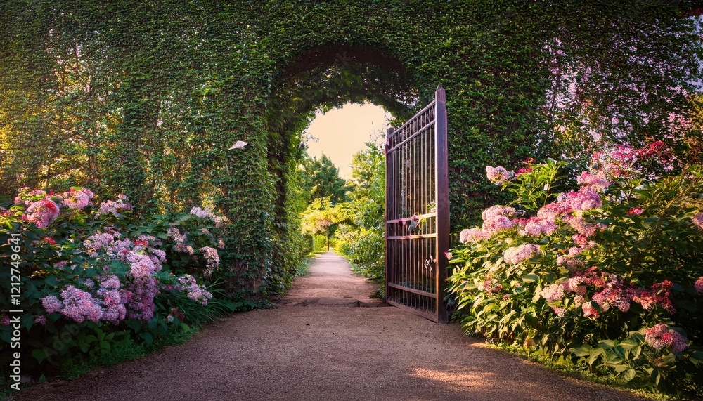 Obraz premium A serene pathway bordered by colorful blooms welcomes visitors to a tranquil garden.