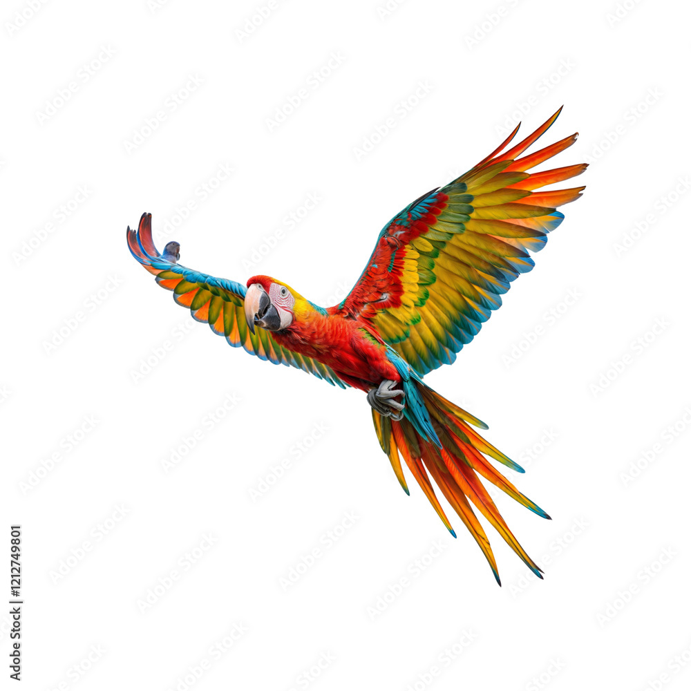 Fototapeta premium Macaw's Colorful Flight: Captivating shot of a vibrant macaw soaring through the air, its multicolored plumage and open wings a striking display of freedom and natural beauty.