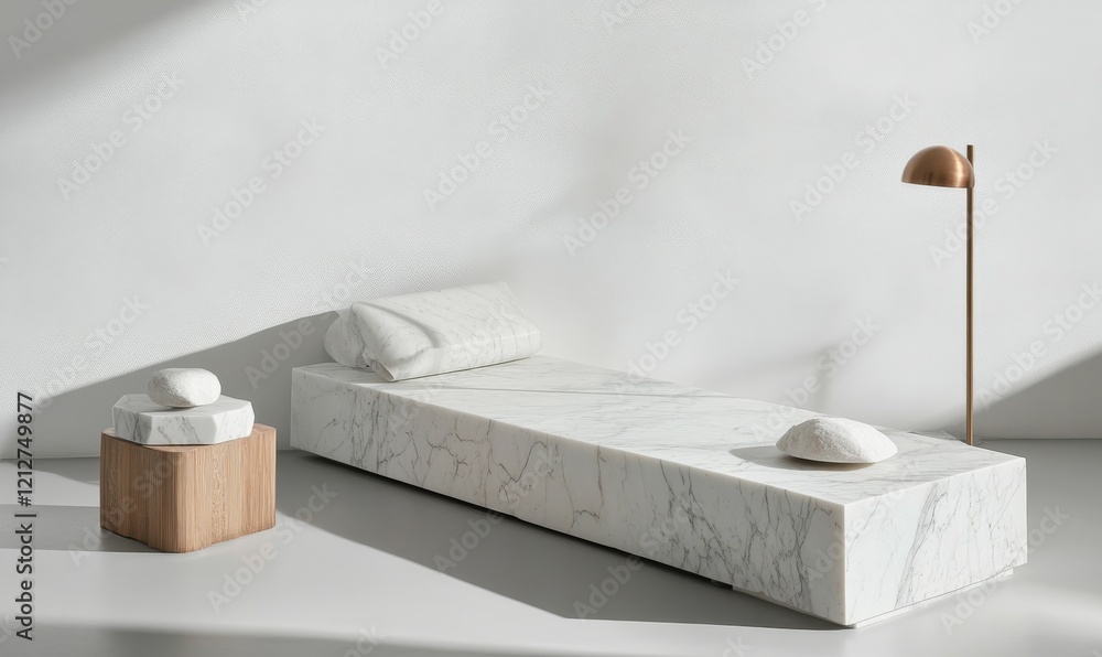 Single bed with white marble bedside tables and floor lamp, white marble, modern bedroom, floor lamp, minimalist decor, bedside table Single bed with white marble bedside tables and floor lamp, white marble, modern bedroom, floor lamp, minimalist decor, bedside table
