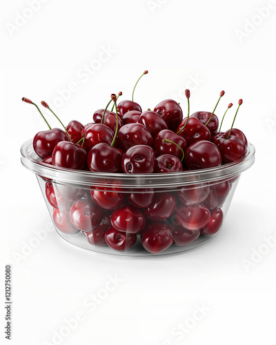 Fresh red cherries displayed in a clear bowl, perfect for snacking, baking, or garnishing dishes at home photo