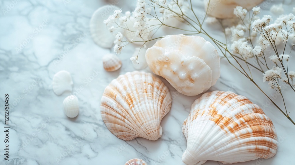 Seashells and gypsophila flowers creating elegant composition on marble surface Seashells and gypsophila flowers creating elegant composition on marble surface