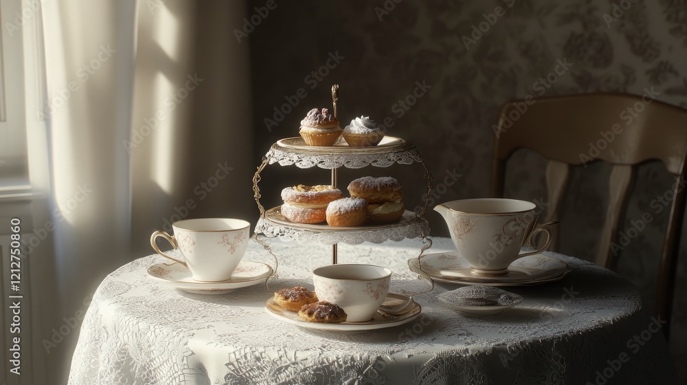 Fototapeta premium A classic afternoon tea setup with Mocha Mousse-toned teacups, a three-tiered tray of pastries, and a white lace tablecloth
