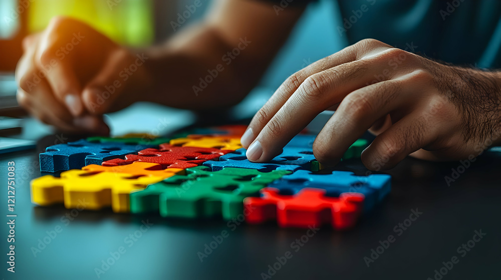 Close-up of Hands Solving a Colorful Jigsaw Puzzle Close-up of Hands Solving a Colorful Jigsaw Puzzle