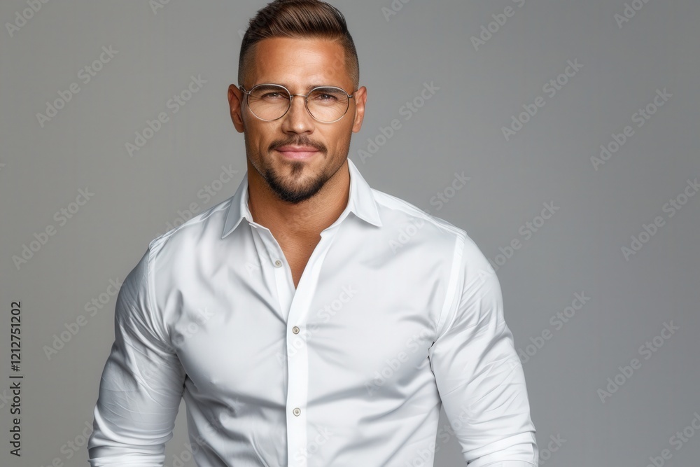 A confident man wearing glasses and a white shirt poses against a neutral background, exuding a modern and stylish vibe. A confident man wearing glasses and a white shirt poses against a neutral background, exuding a modern and stylish vibe.