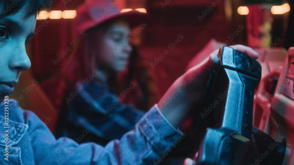 Medium side shot of two diverse teenage boys playing driving or racing simulator video game at arcade, in neon light, laughing and talking while furiously turning steering wheels Medium side shot of two diverse teenage boys playing driving or racing simulator video game at arcade, in neon light, laughing and talking while furiously turning steering wheels