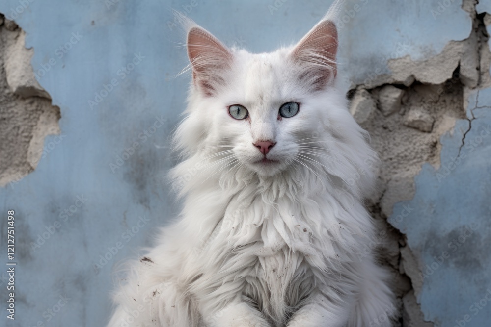 Portrait of a smiling turkish angora cat isolated on bare concrete or plaster wall Portrait of a smiling turkish angora cat isolated on bare concrete or plaster wall