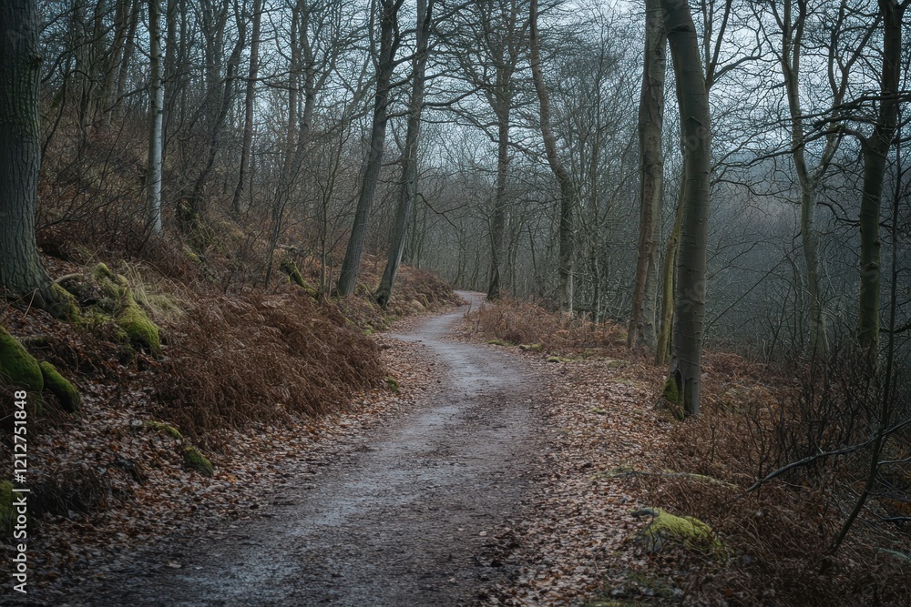 Misty forest path winding uphill, autumn leaves, nature walk Misty forest path winding uphill, autumn leaves, nature walk